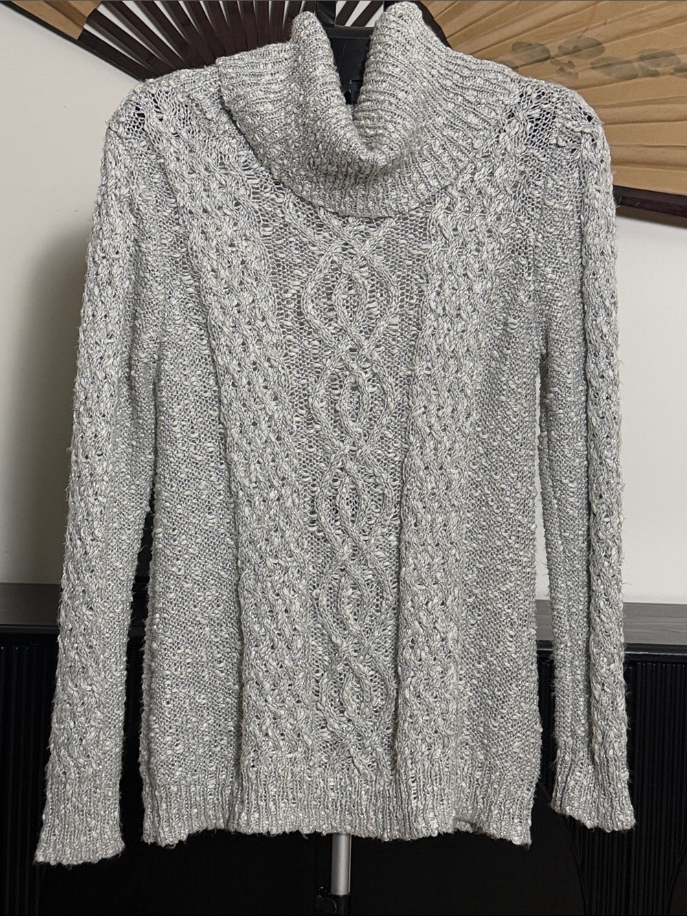 Charter Club Y2K Gray Cable Knit Silver Metallic Tunic Turtleneck Sweater